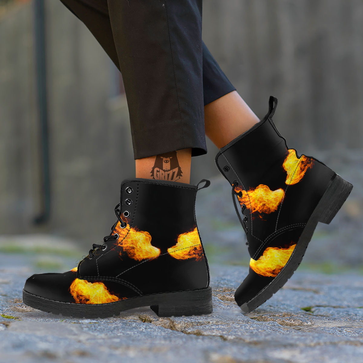 Wings Flame Print Leather Boots-grizzshop