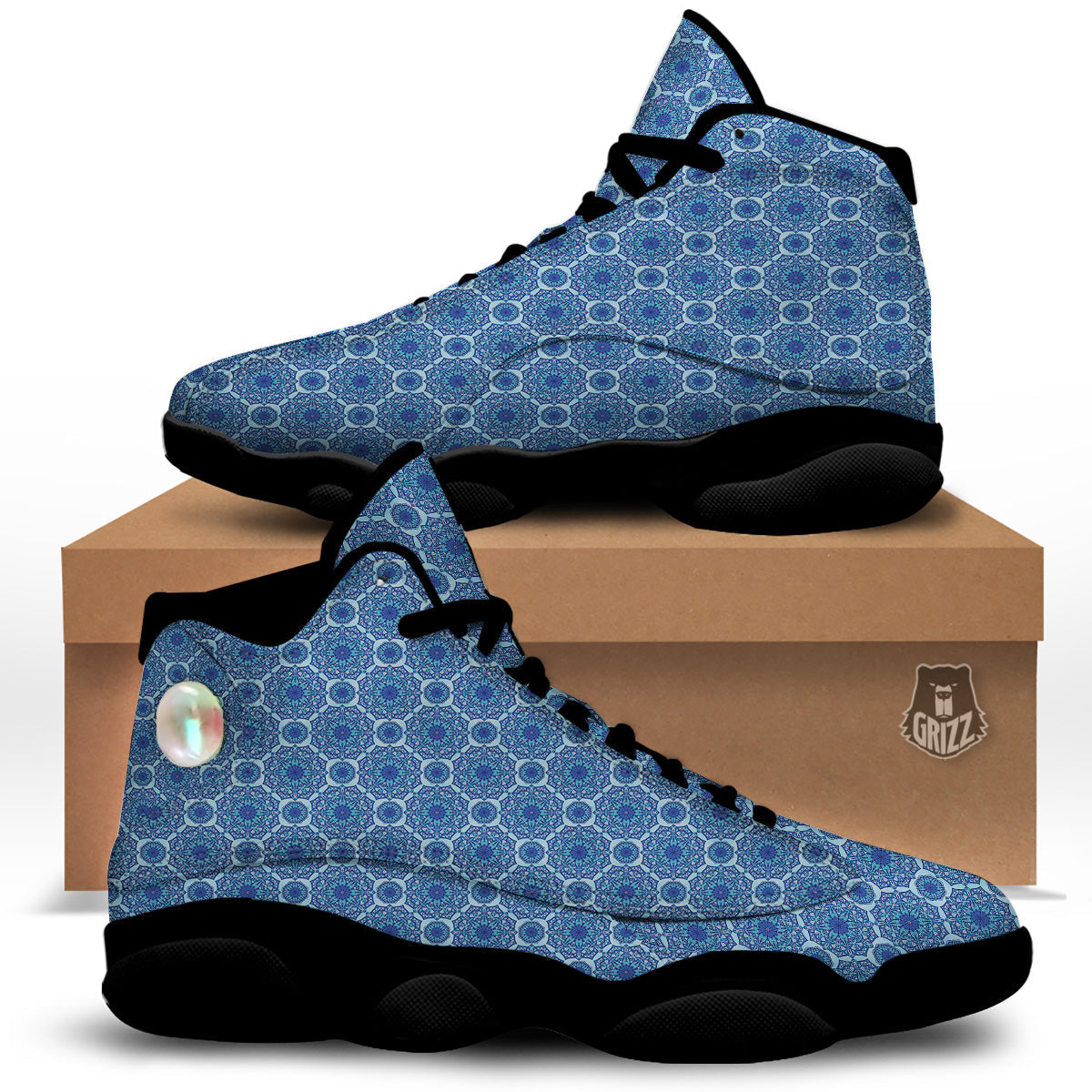 Winter Mandala Blue Print Black Basketball Shoes-grizzshop