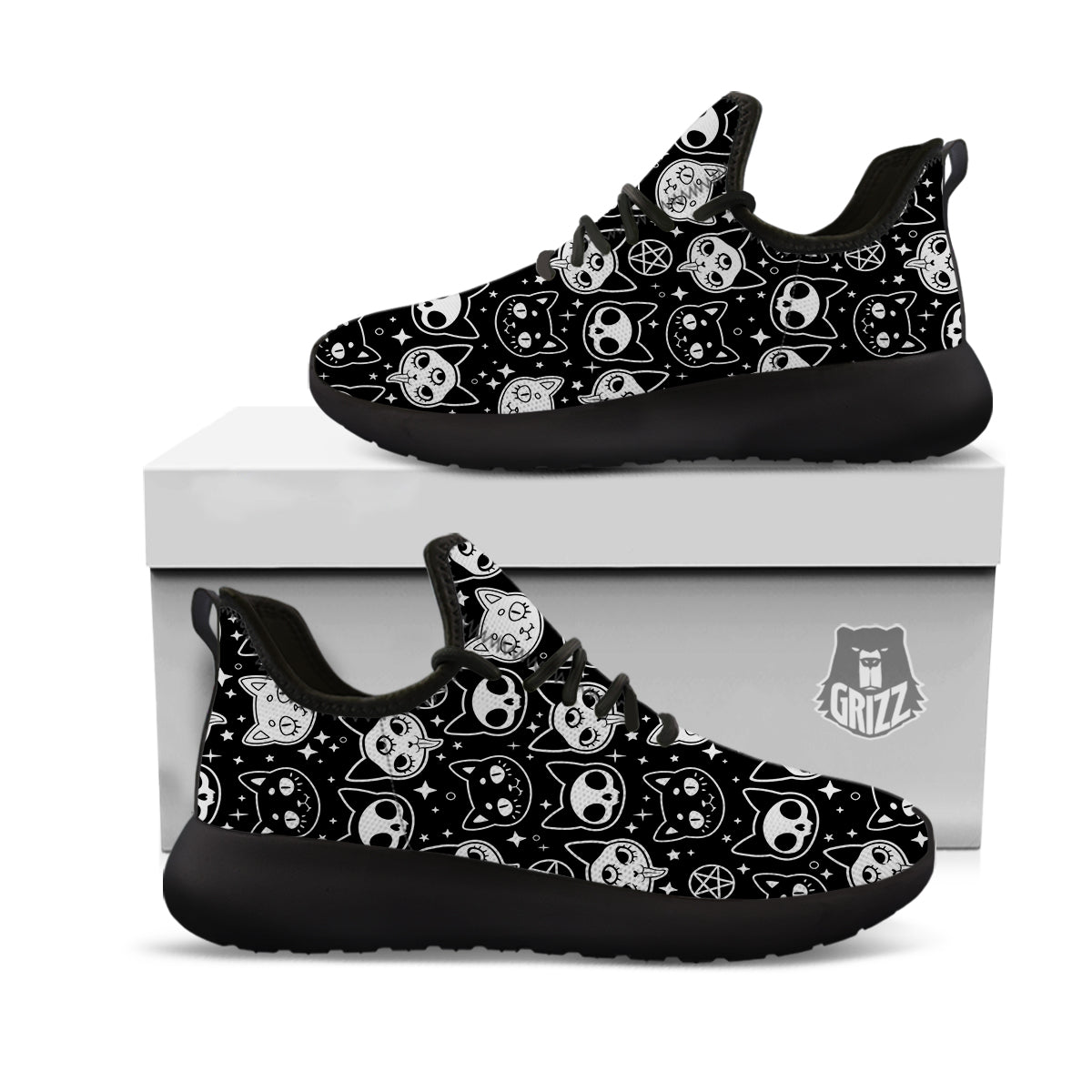 Witch And Ghost Black White Print Pattern Black Athletic Shoes-grizzshop