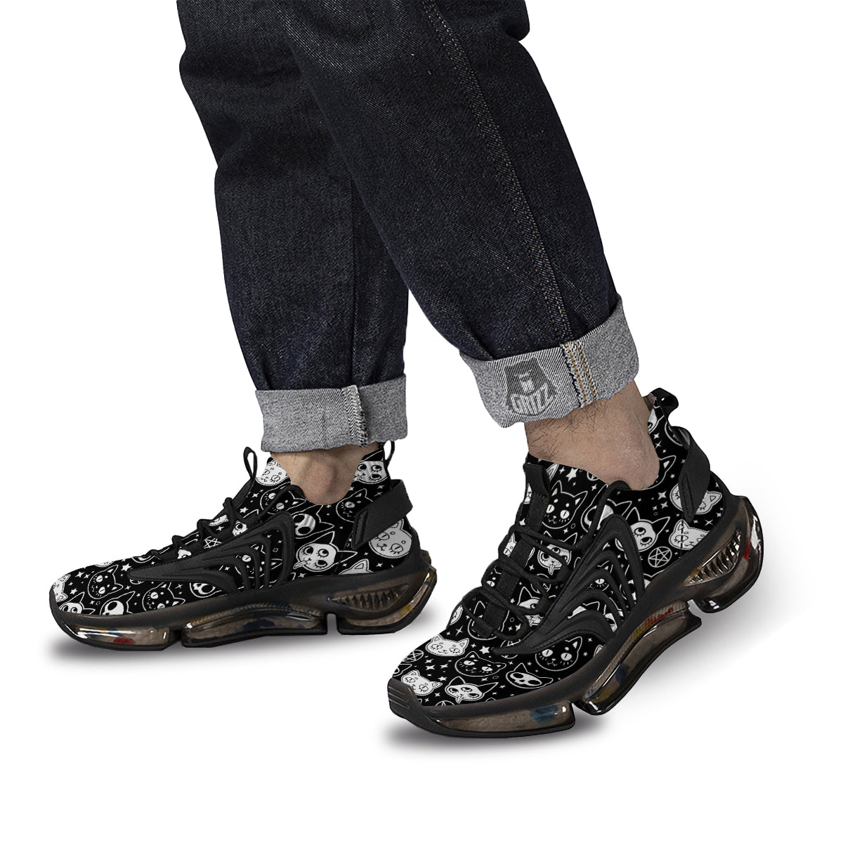 Witch And Ghost Black White Print Pattern Black Gym Shoes-grizzshop