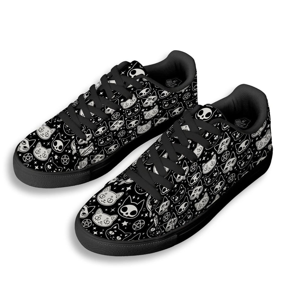 Witch And Ghost Black White Print Pattern Black Low Top Sneakers-grizzshop