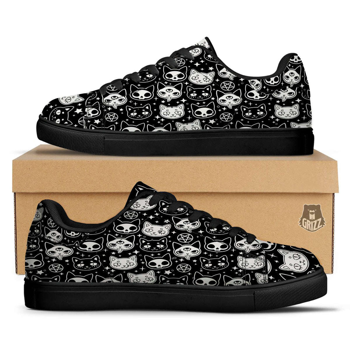 Witch And Ghost Black White Print Pattern Black Low Top Sneakers-grizzshop