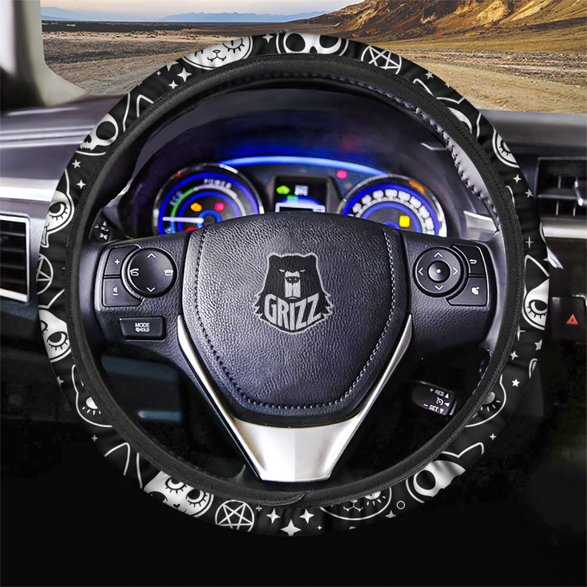 Witch And Ghost Black White Print Pattern Car Steering Wheel Cover-grizzshop