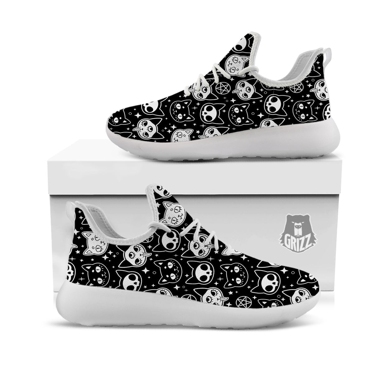 Witch And Ghost Black White Print Pattern White Athletic Shoes-grizzshop