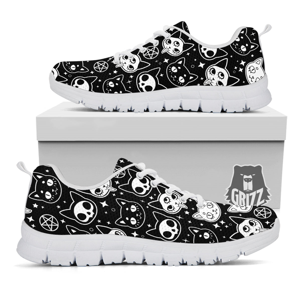 Witch And Ghost Black White Print Pattern White Sneaker-grizzshop