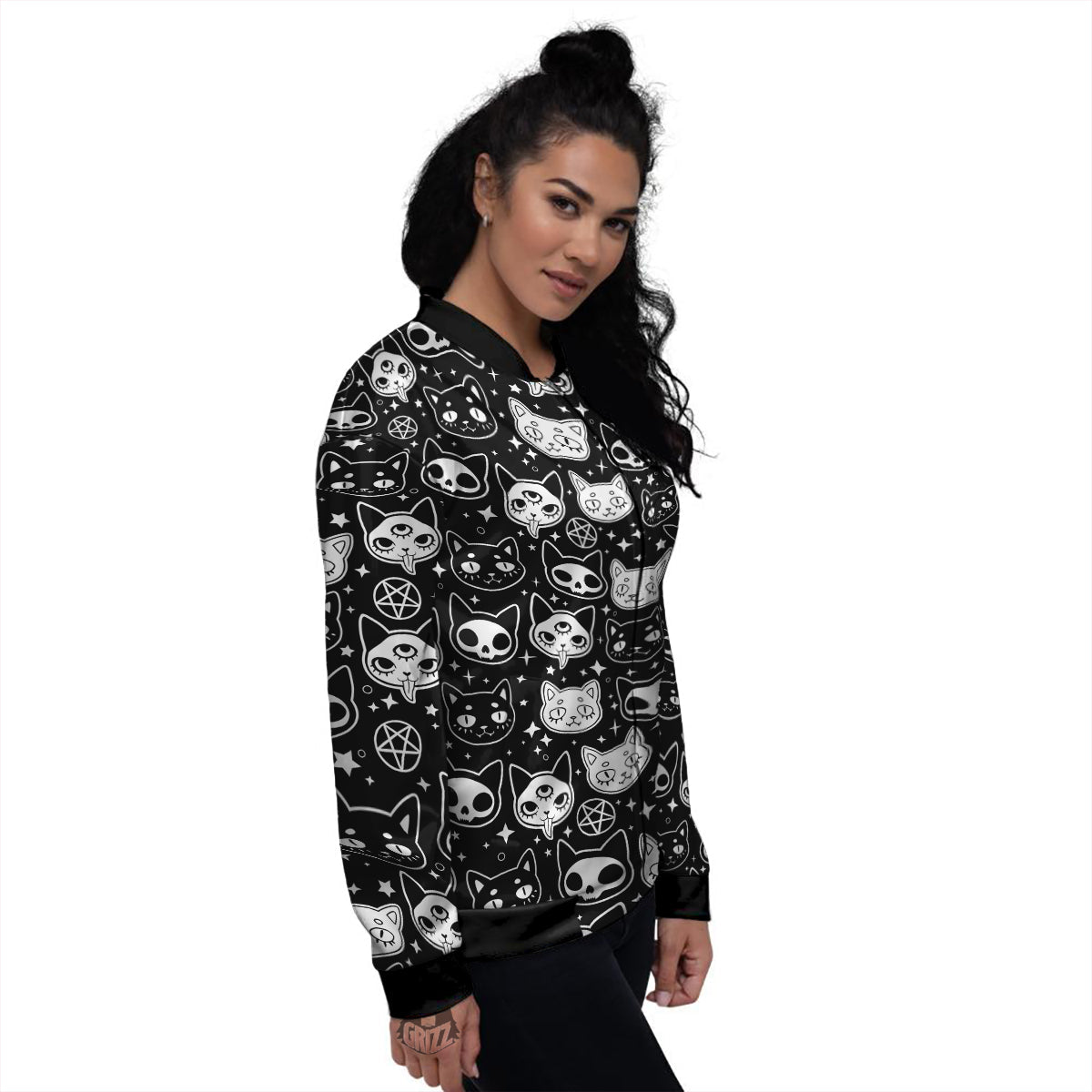 Witch And Ghost Black White Print Pattern Women's Bomber Jacket-grizzshop