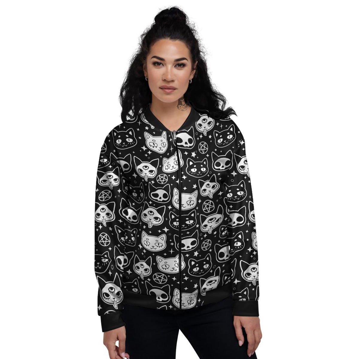 Witch And Ghost Black White Print Pattern Women's Bomber Jacket-grizzshop