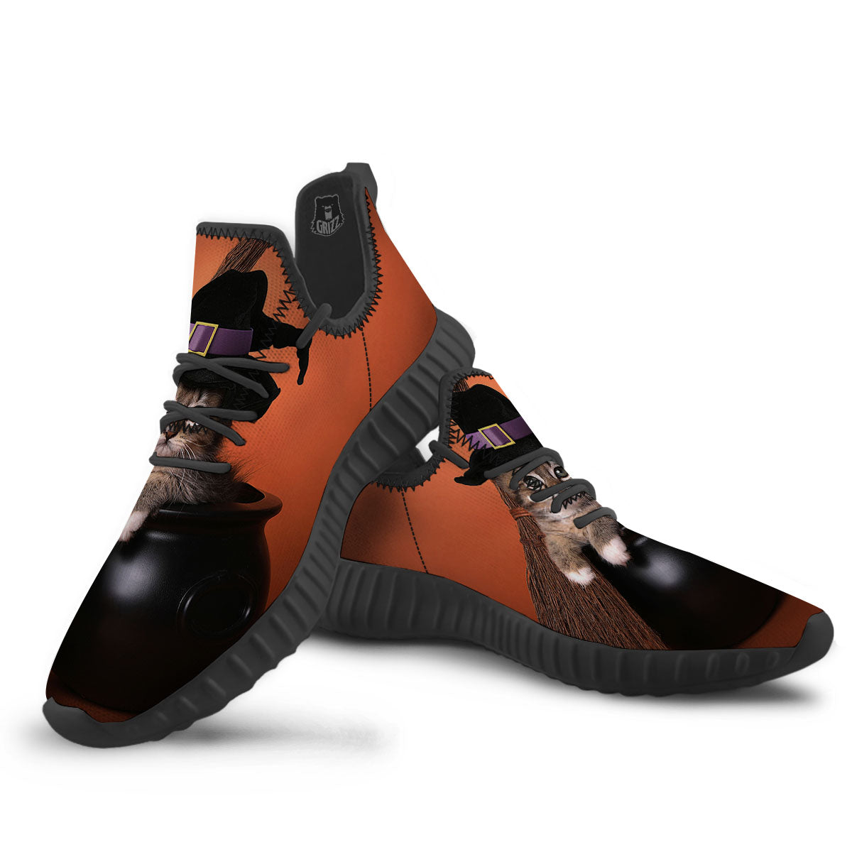 Witch Cat Halloween Cute Print Black Walking Shoes-grizzshop