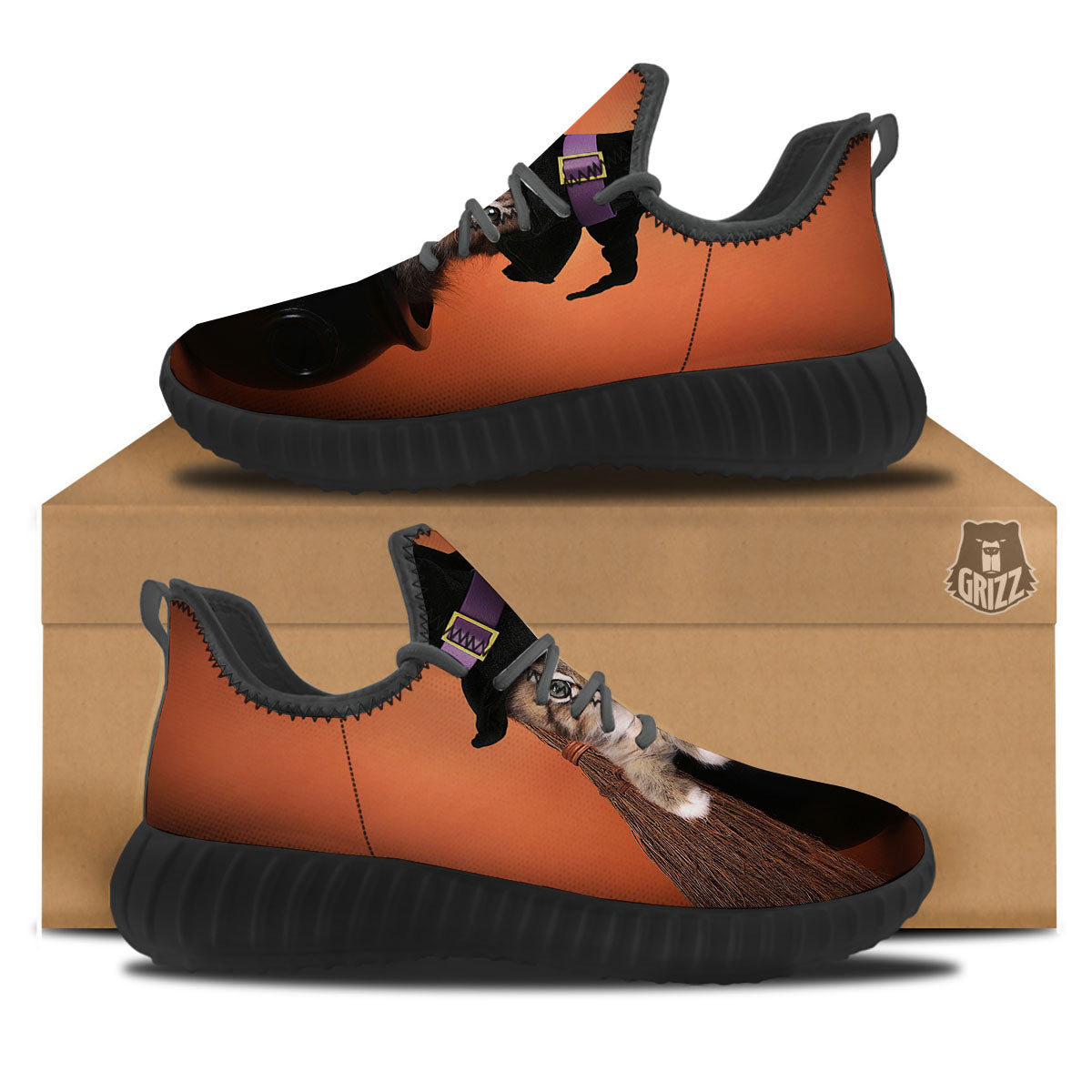 Witch Cat Halloween Cute Print Black Walking Shoes-grizzshop