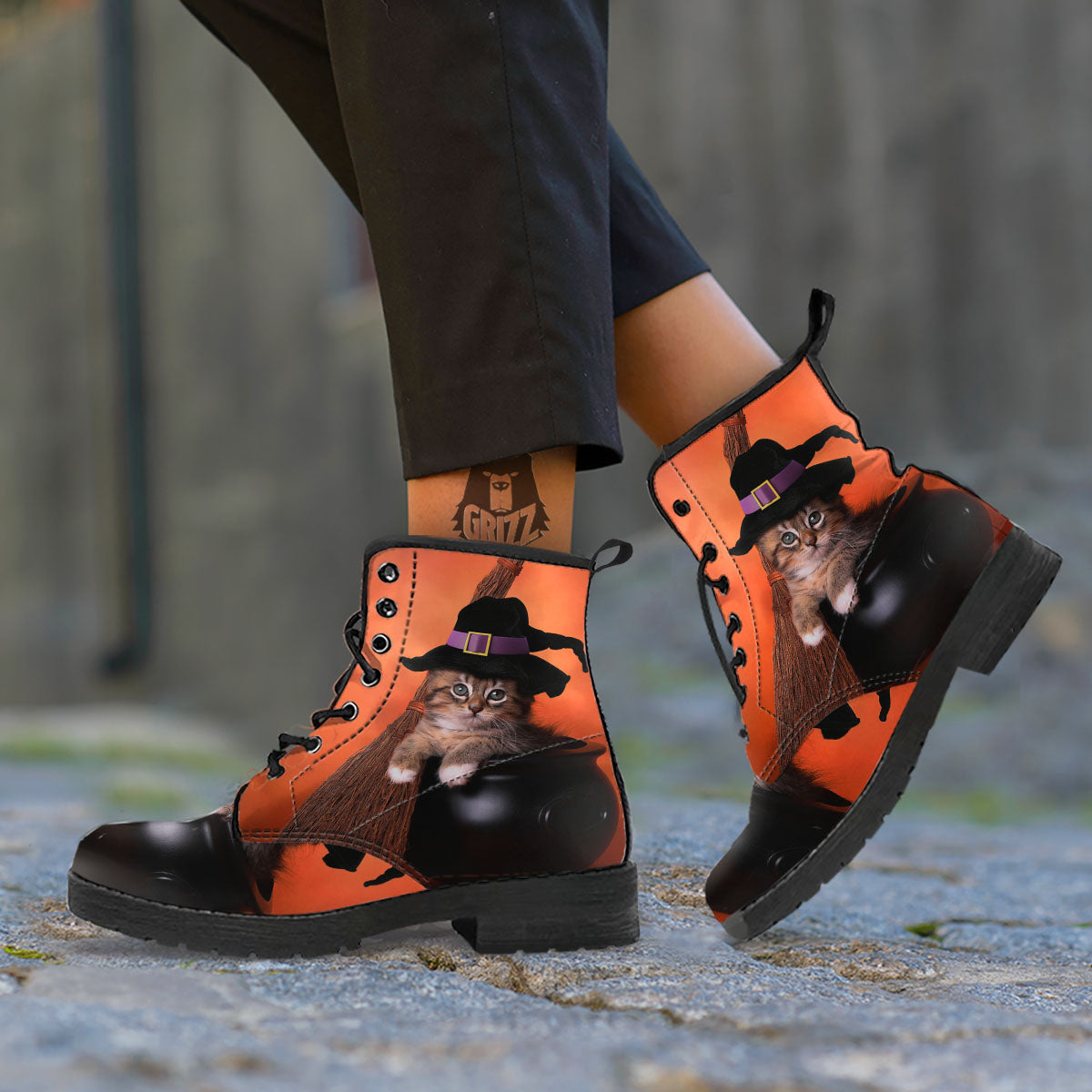 Witch Cat Halloween Cute Print Leather Boots-grizzshop