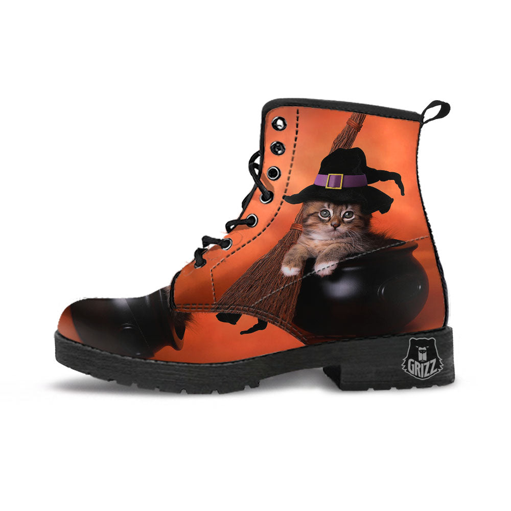 Witch Cat Halloween Cute Print Leather Boots-grizzshop