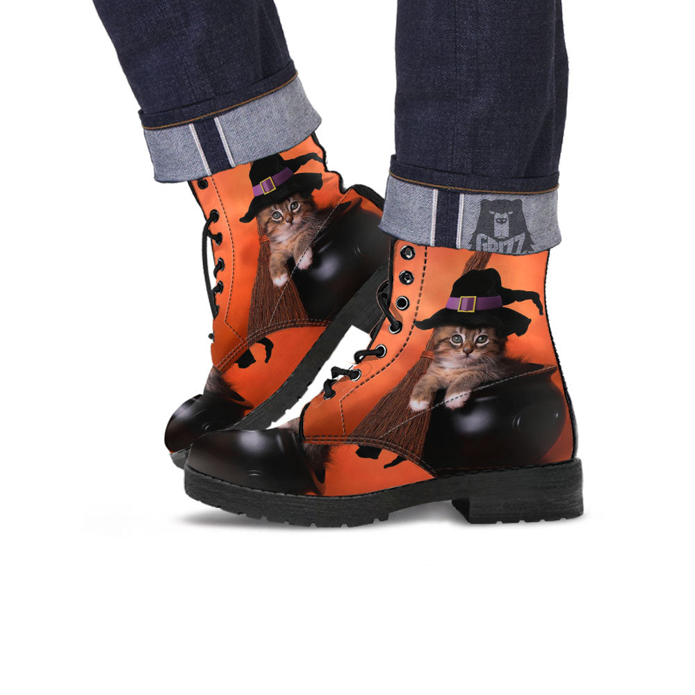 Witch Cat Halloween Cute Print Leather Boots-grizzshop