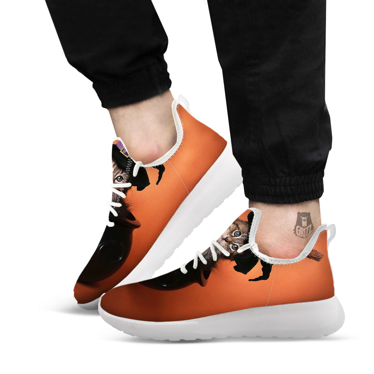 Witch Cat Halloween Cute Print White Athletic Shoes-grizzshop