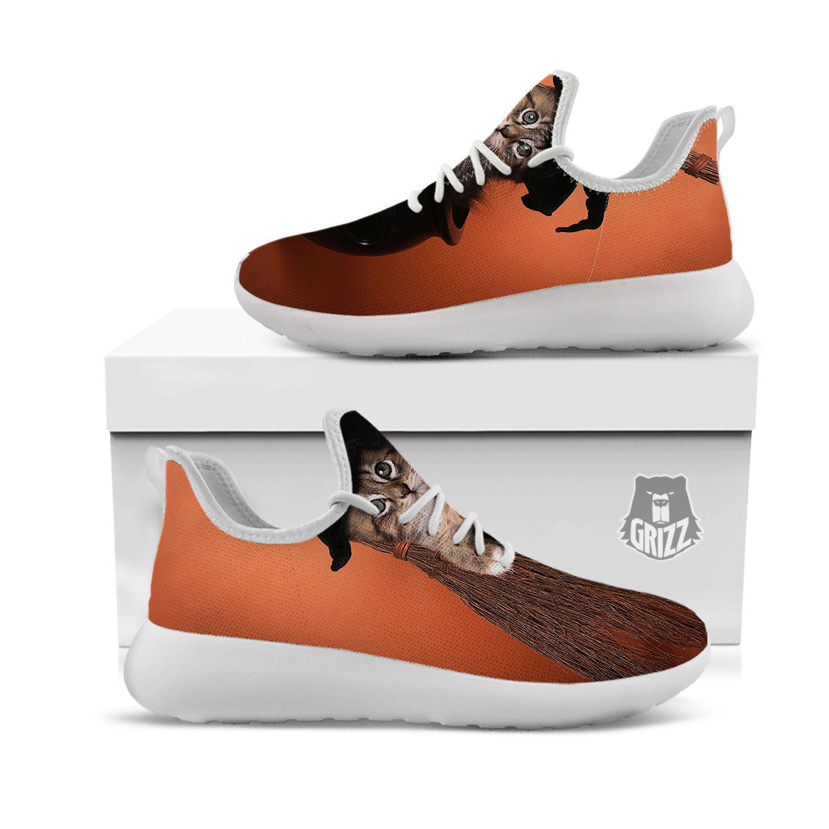 Witch Cat Halloween Cute Print White Athletic Shoes-grizzshop