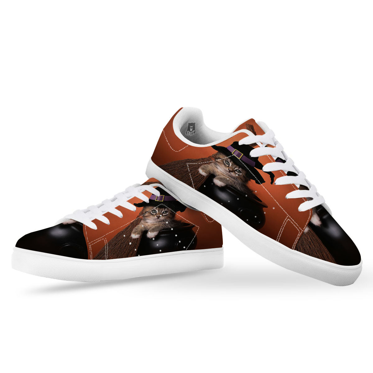 Witch Cat Halloween Cute Print White Low Top Sneakers-grizzshop