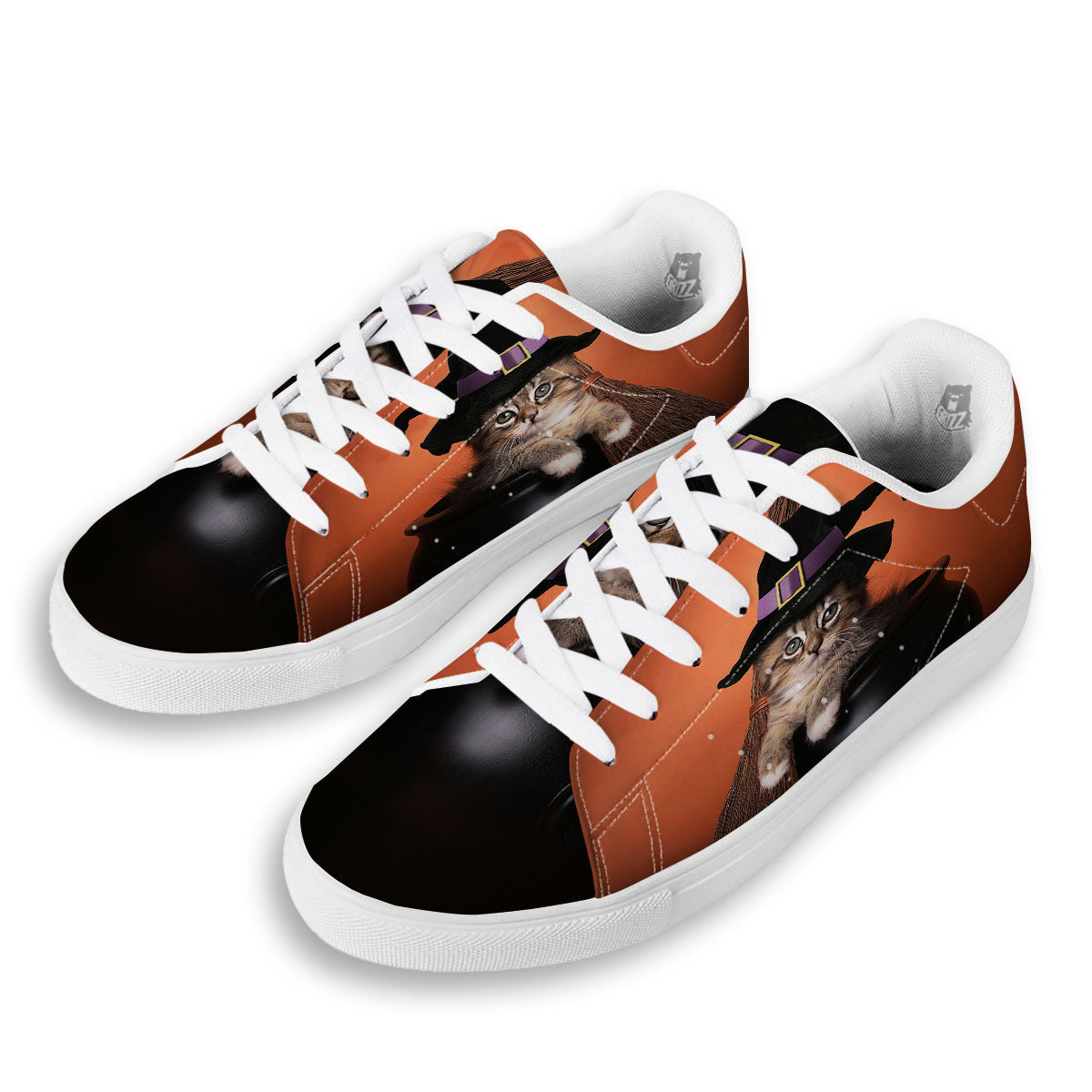 Witch Cat Halloween Cute Print White Low Top Sneakers-grizzshop