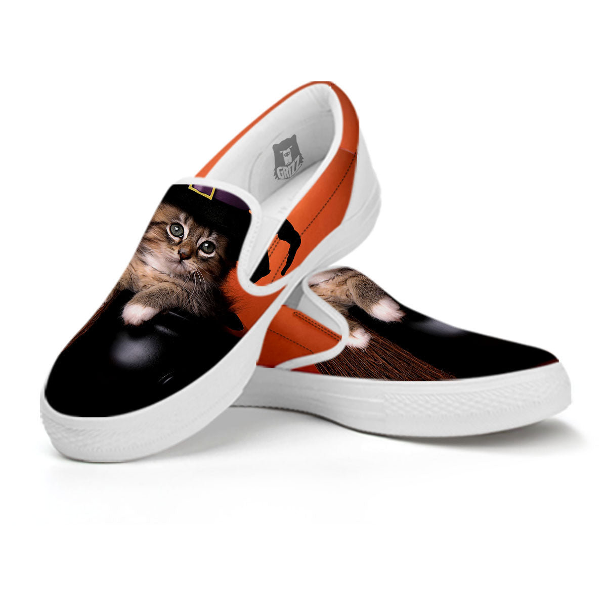 Witch Cat Halloween Cute Print White Slip On Shoes-grizzshop