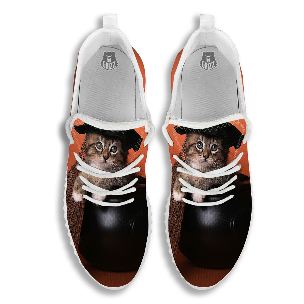Witch Cat Halloween Cute Print White Walking Shoes-grizzshop