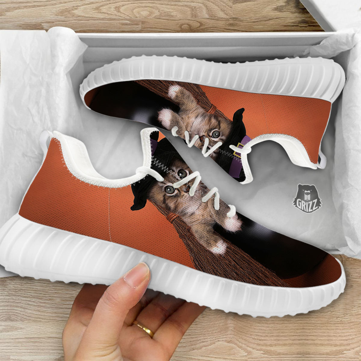 Witch Cat Halloween Cute Print White Walking Shoes-grizzshop
