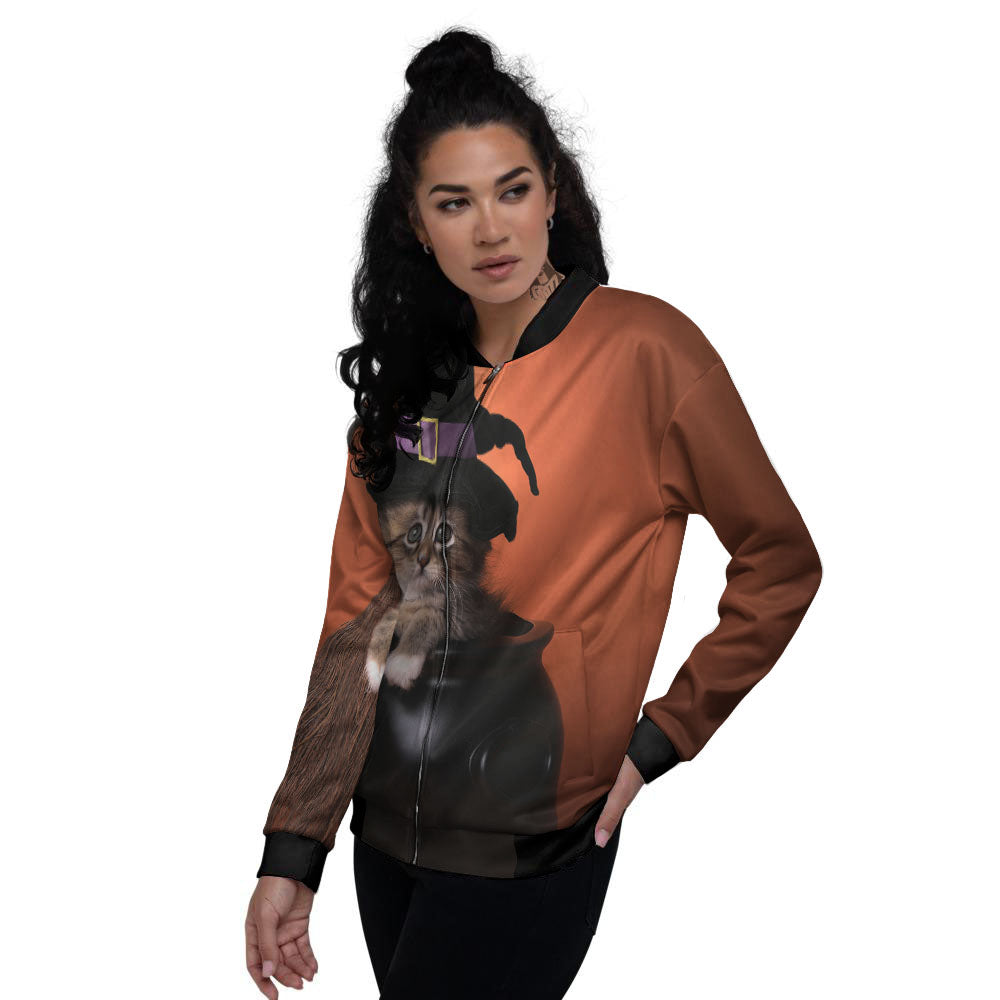 Witch Cat Halloween Cute Print Women's Bomber Jacket-grizzshop