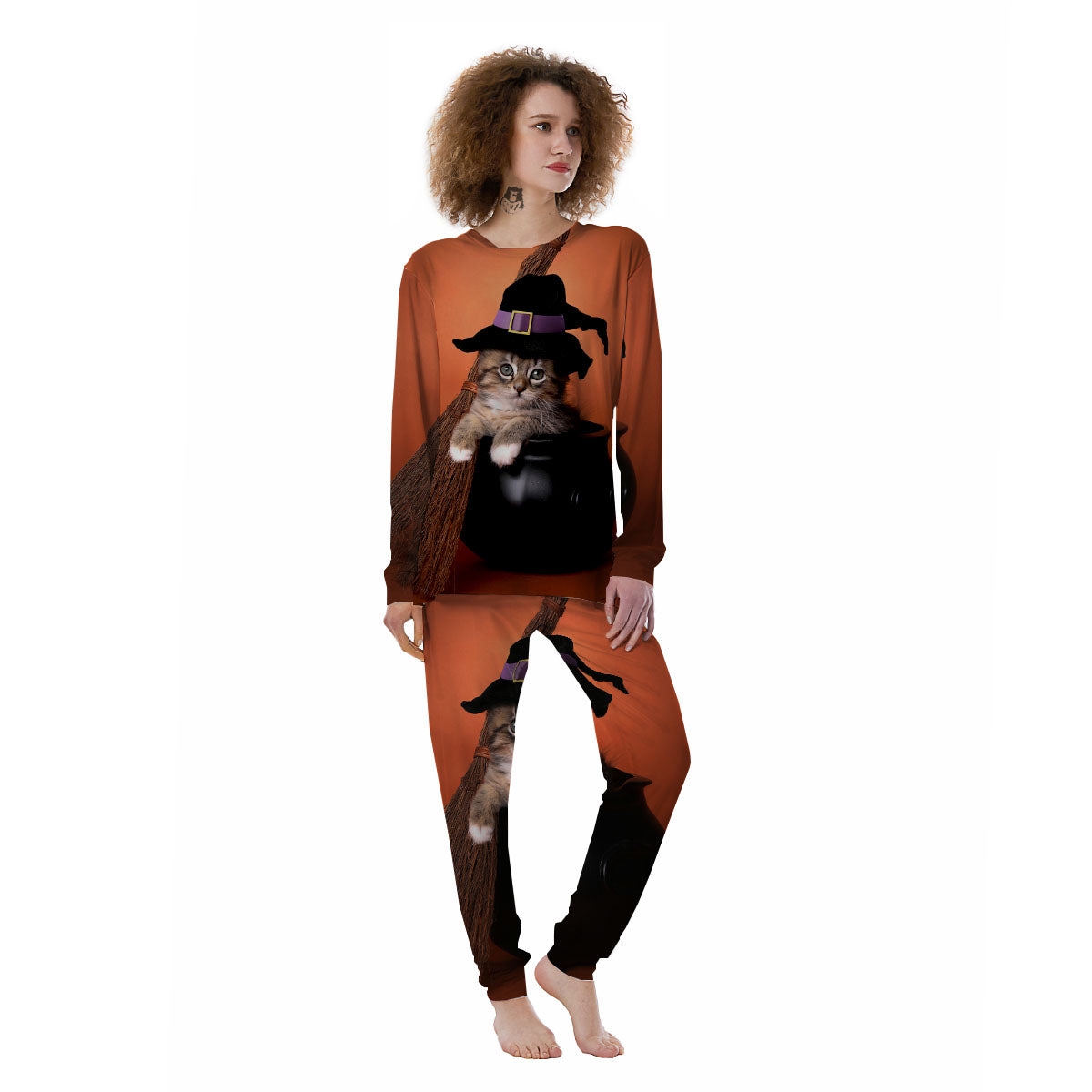 Witch Cat Halloween Cute Print Women's Pajamas-grizzshop
