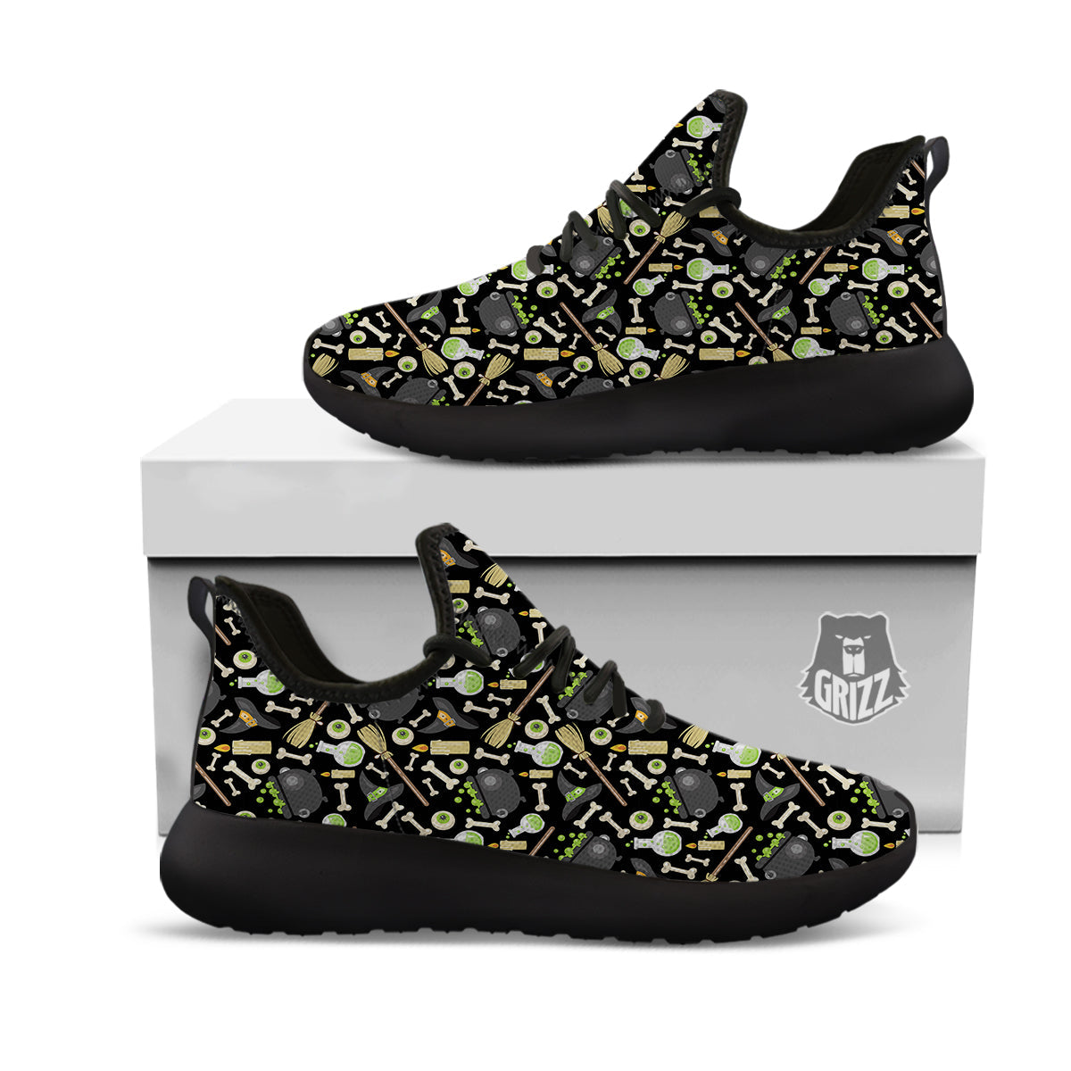 Witch Cauldron Green Print Pattern Black Athletic Shoes-grizzshop