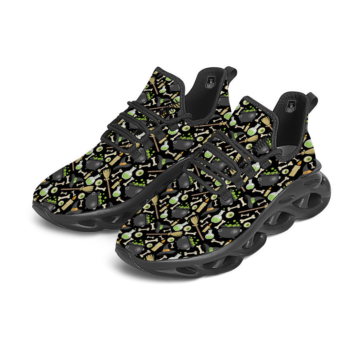 Witch Cauldron Green Print Pattern Black Running Shoes-grizzshop
