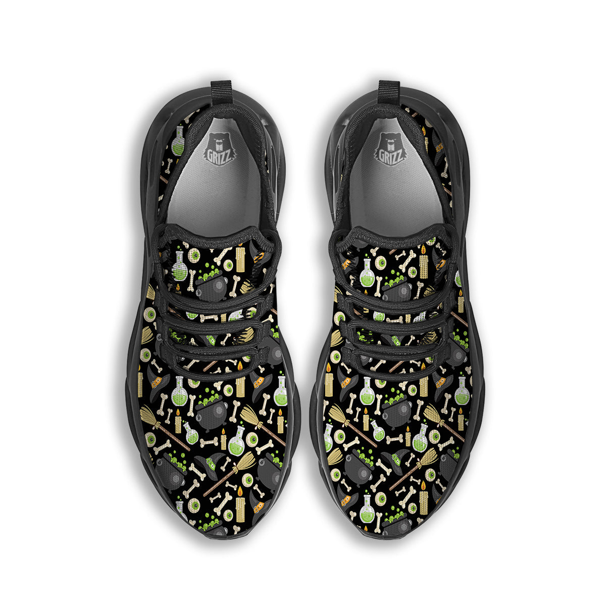 Witch Cauldron Green Print Pattern Black Running Shoes-grizzshop