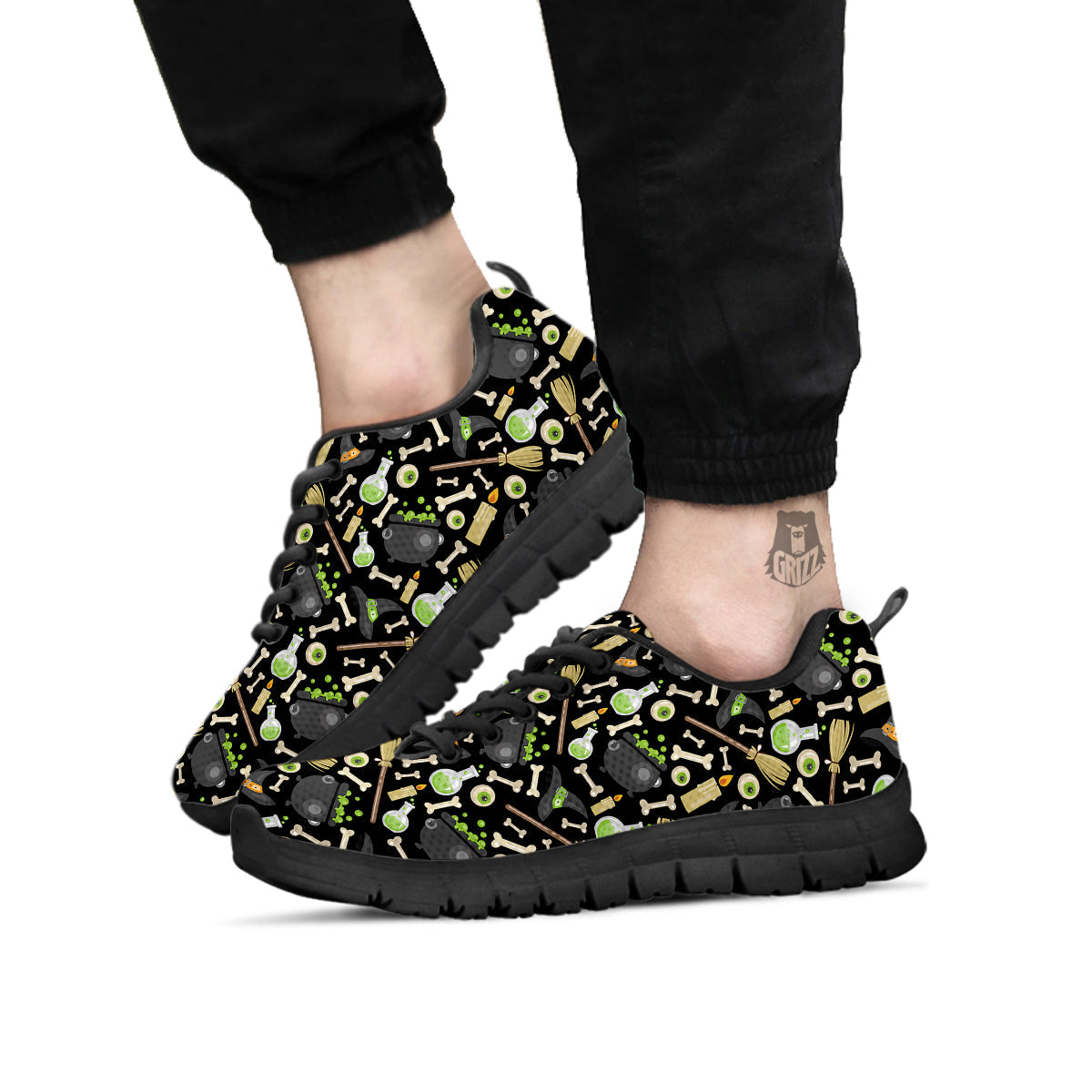 Witch Cauldron Green Print Pattern Black Sneaker-grizzshop