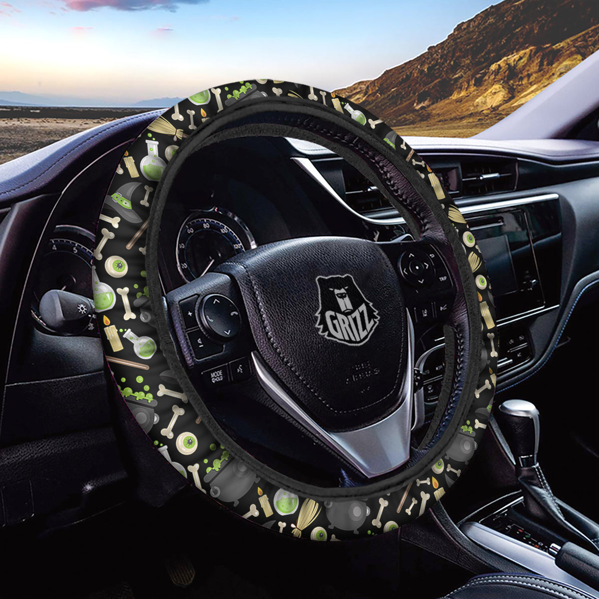 Witch Cauldron Green Print Pattern Car Steering Wheel Cover-grizzshop