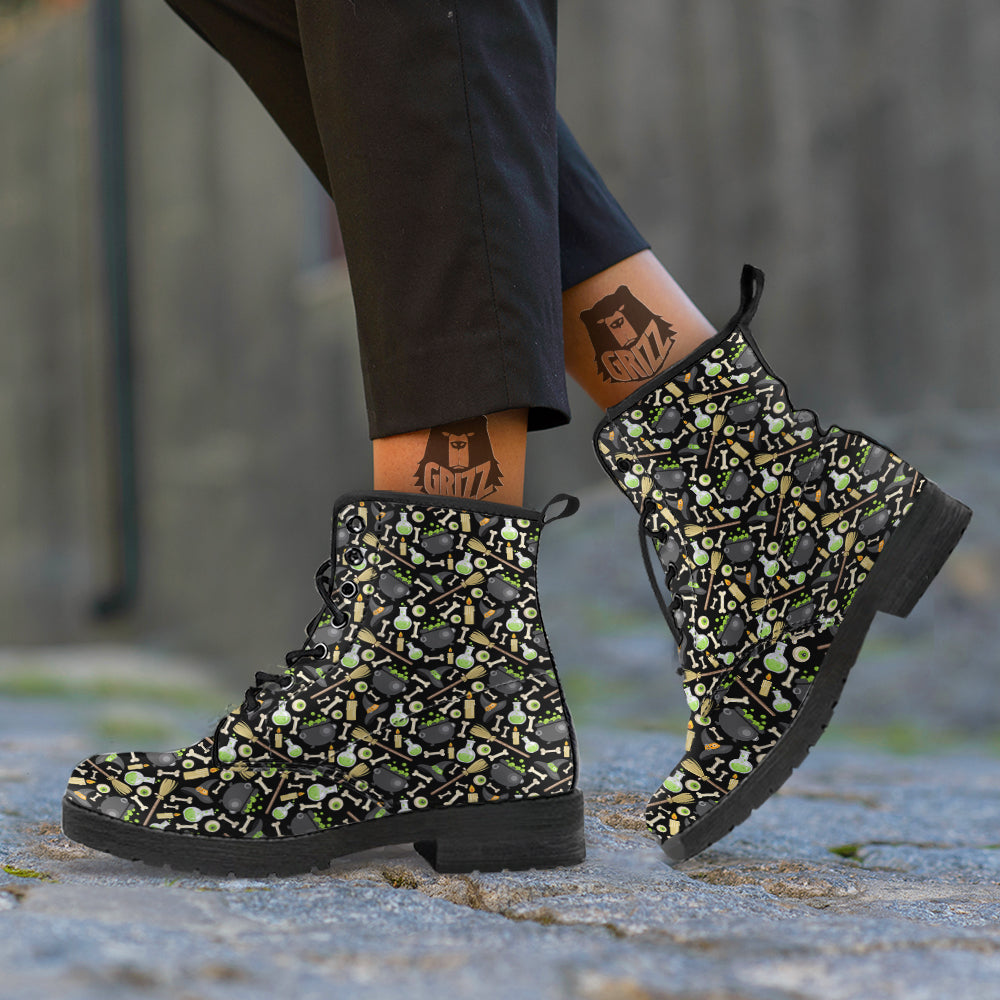 Witch Cauldron Green Print Pattern Leather Boots-grizzshop
