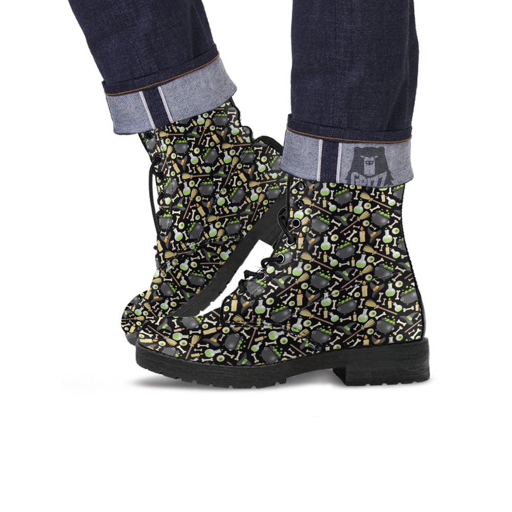 Witch Cauldron Green Print Pattern Leather Boots-grizzshop
