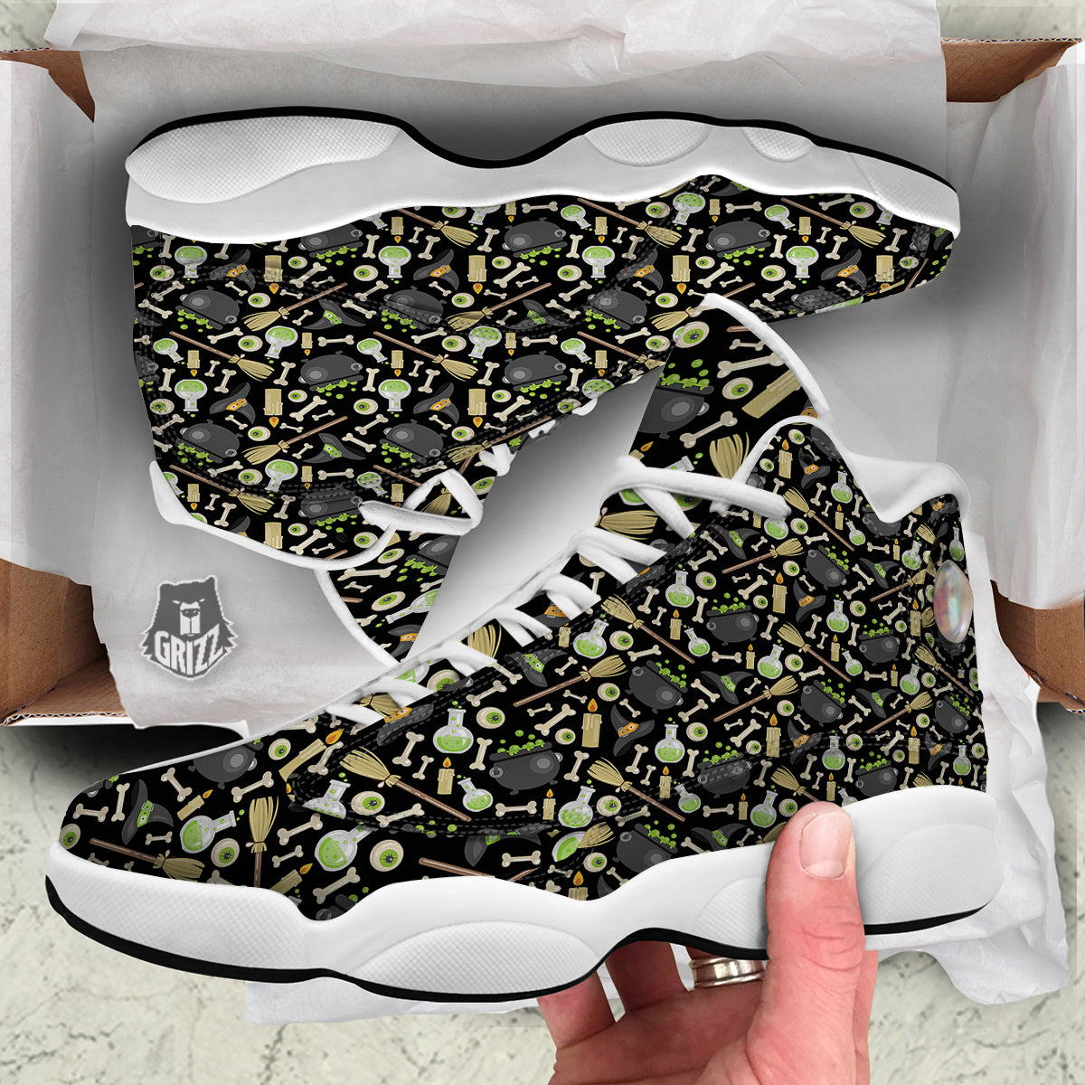 Witch Cauldron Green Print Pattern White Basketball Shoes-grizzshop