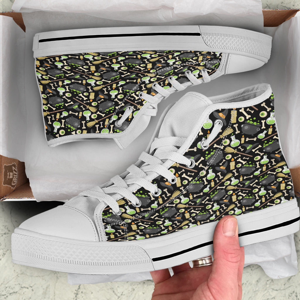 Witch Cauldron Green Print Pattern White High Top Shoes-grizzshop