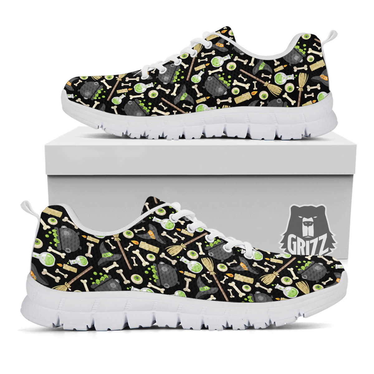 Witch Cauldron Green Print Pattern White Sneaker-grizzshop