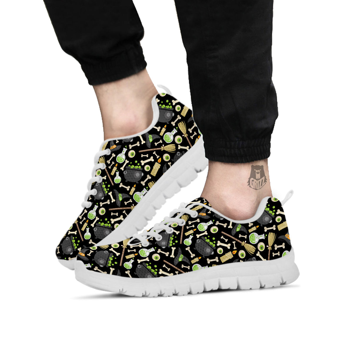 Witch Cauldron Green Print Pattern White Sneaker-grizzshop