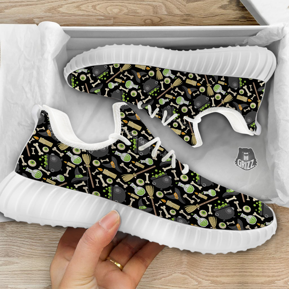 Witch Cauldron Green Print Pattern White Walking Shoes-grizzshop