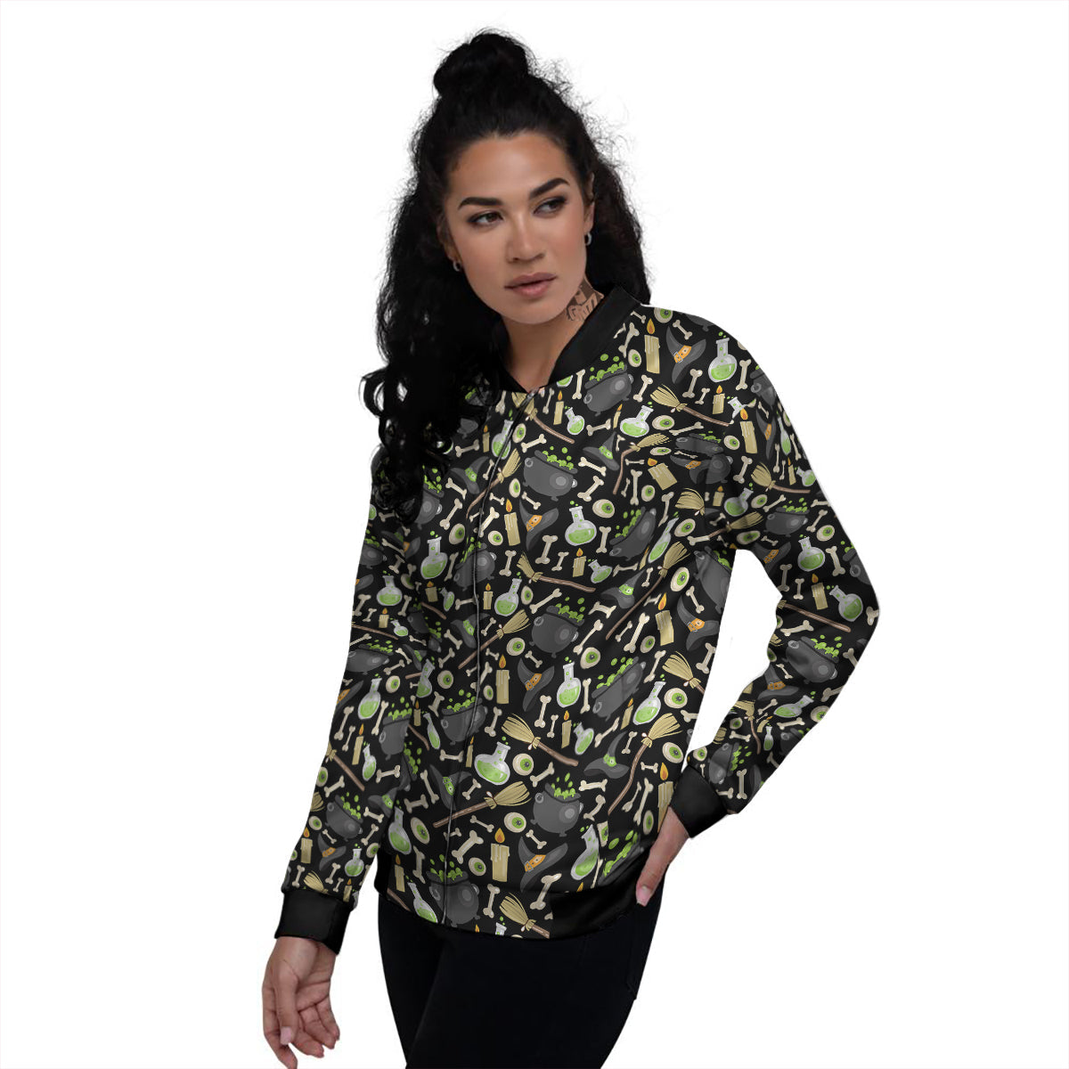 Witch Cauldron Green Print Pattern Women's Bomber Jacket-grizzshop