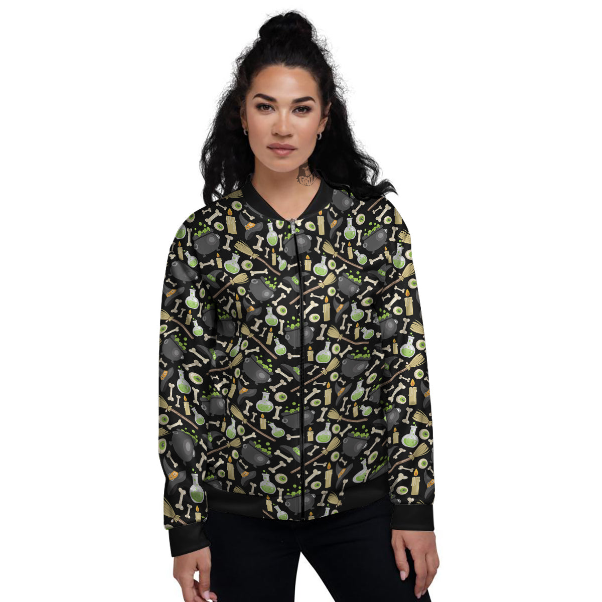 Witch Cauldron Green Print Pattern Women's Bomber Jacket-grizzshop