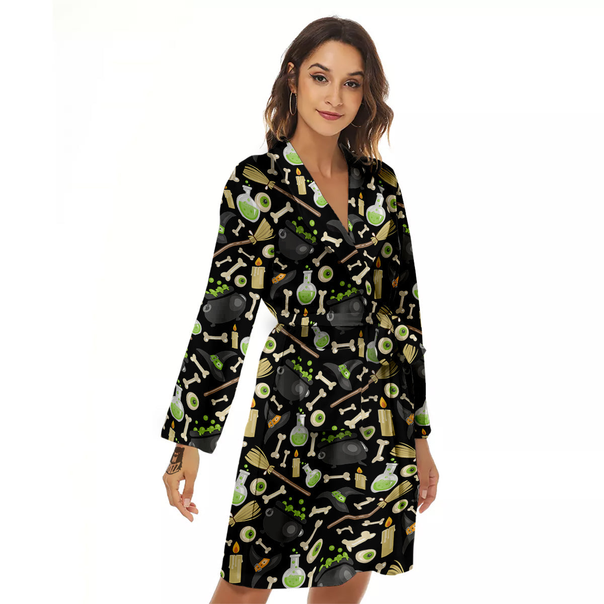 Witch Cauldron Green Print Pattern Women's Robe-grizzshop