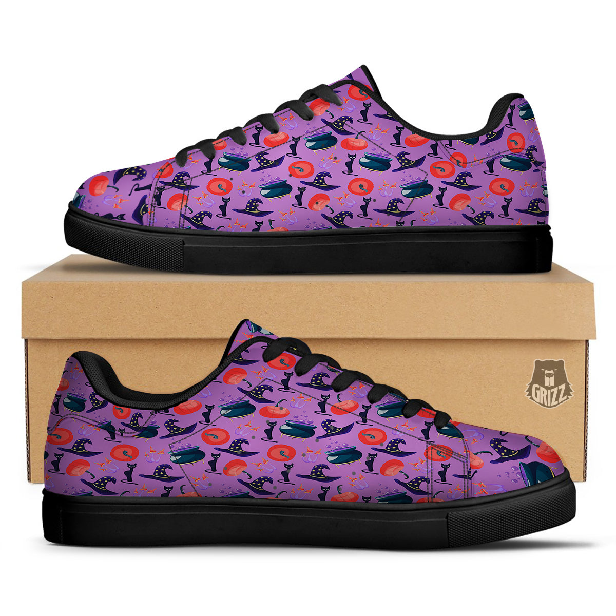 Witch Cauldron Halloween Print Pattern Black Low Top Sneakers-grizzshop