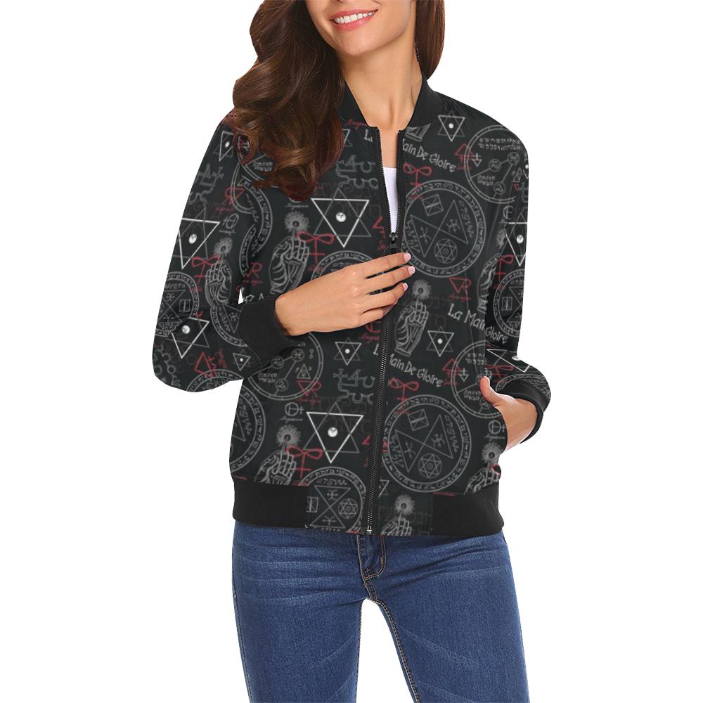 Witch Gothic Wiccan Pagan Pattern Print Women Casual Bomber Jacket-grizzshop