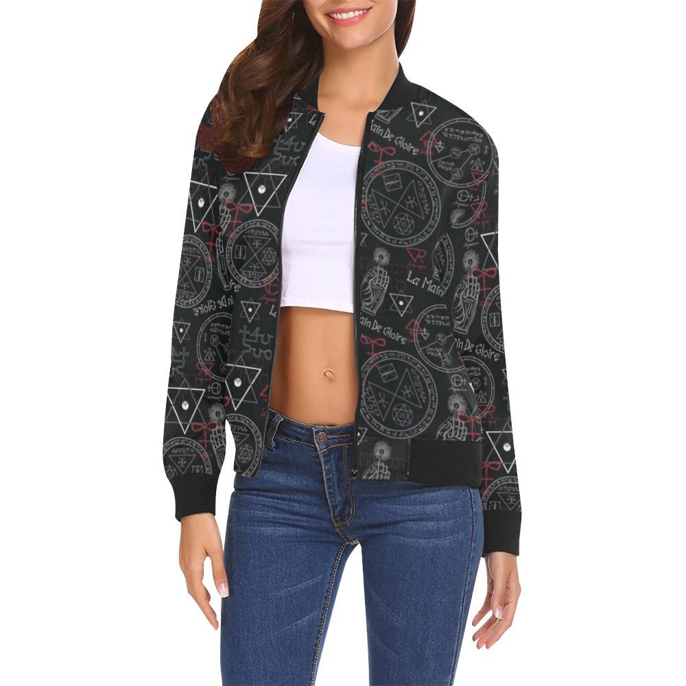 Witch Gothic Wiccan Pagan Pattern Print Women Casual Bomber Jacket-grizzshop