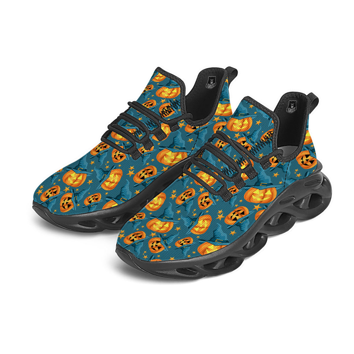 Witch Hat Pumpkin Print Pattern Black Running Shoes-grizzshop