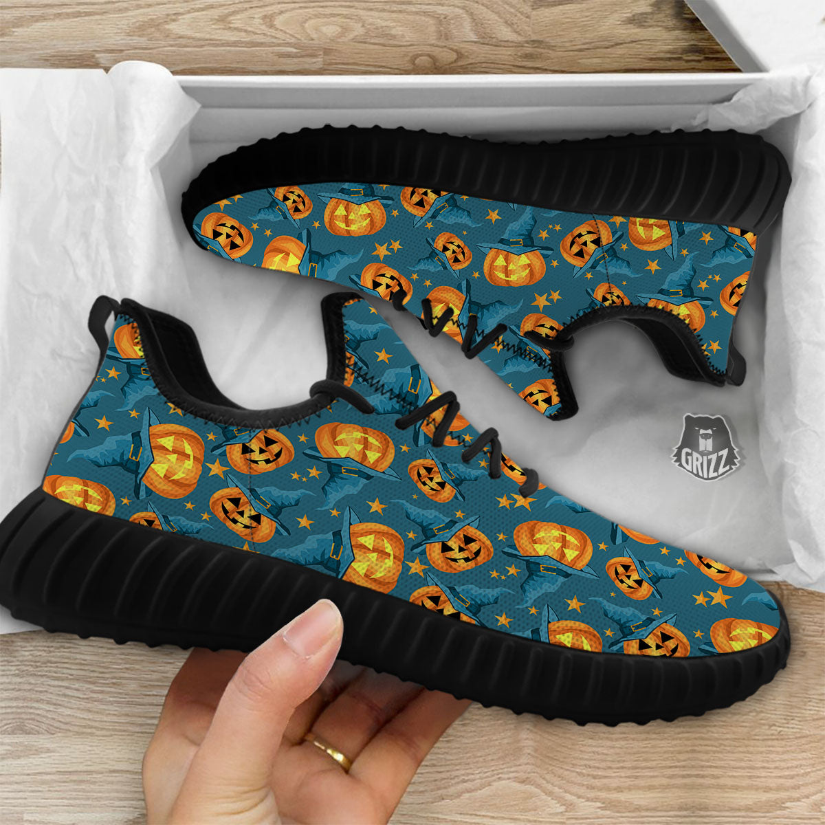 Witch Hat Pumpkin Print Pattern Black Walking Shoes-grizzshop
