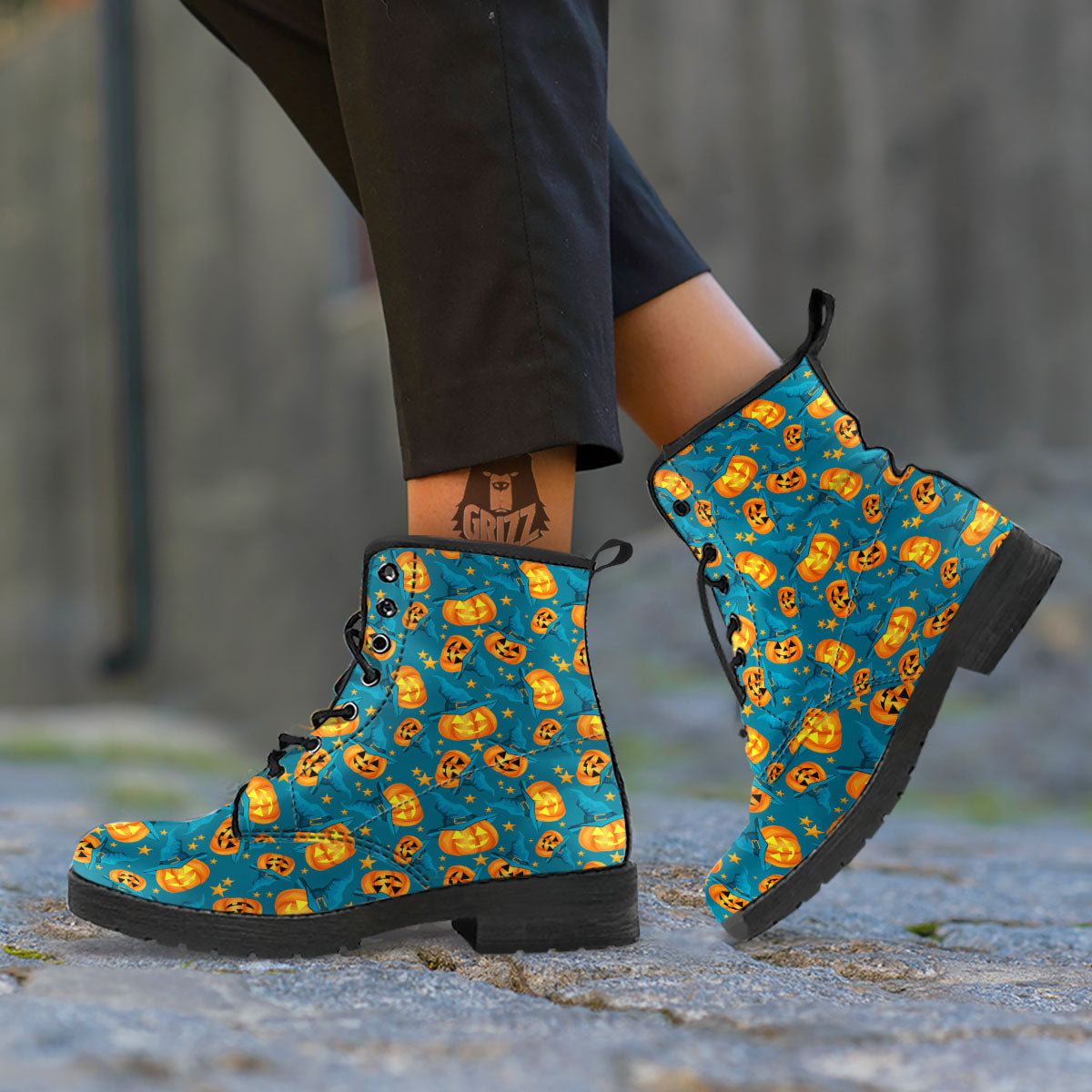 Witch Hat Pumpkin Print Pattern Leather Boots-grizzshop
