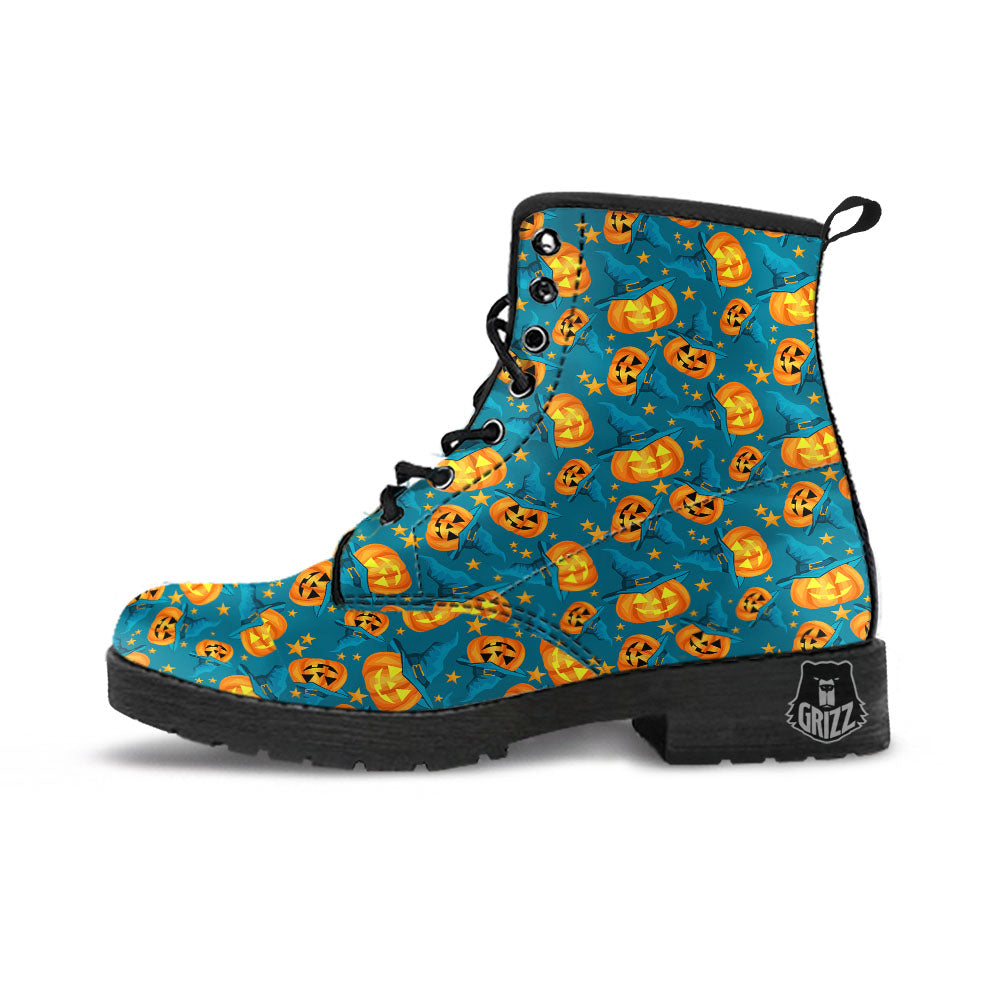 Witch Hat Pumpkin Print Pattern Leather Boots-grizzshop