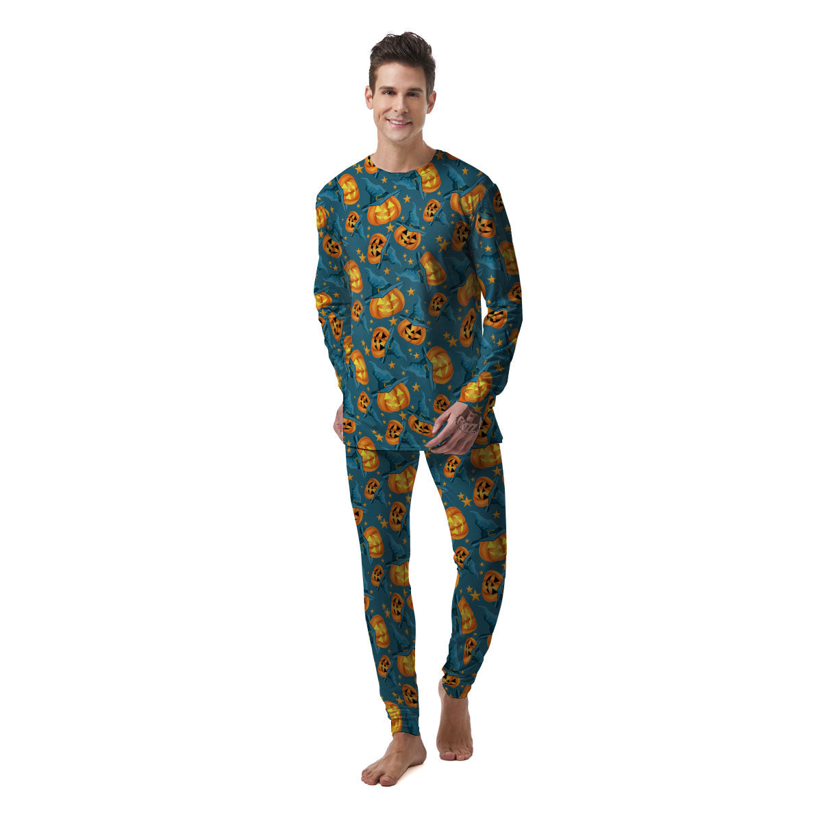 Witch Hat Pumpkin Print Pattern Men's Pajamas-grizzshop