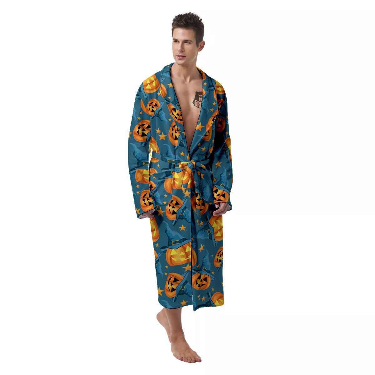 Witch Hat Pumpkin Print Pattern Men's Robe-grizzshop