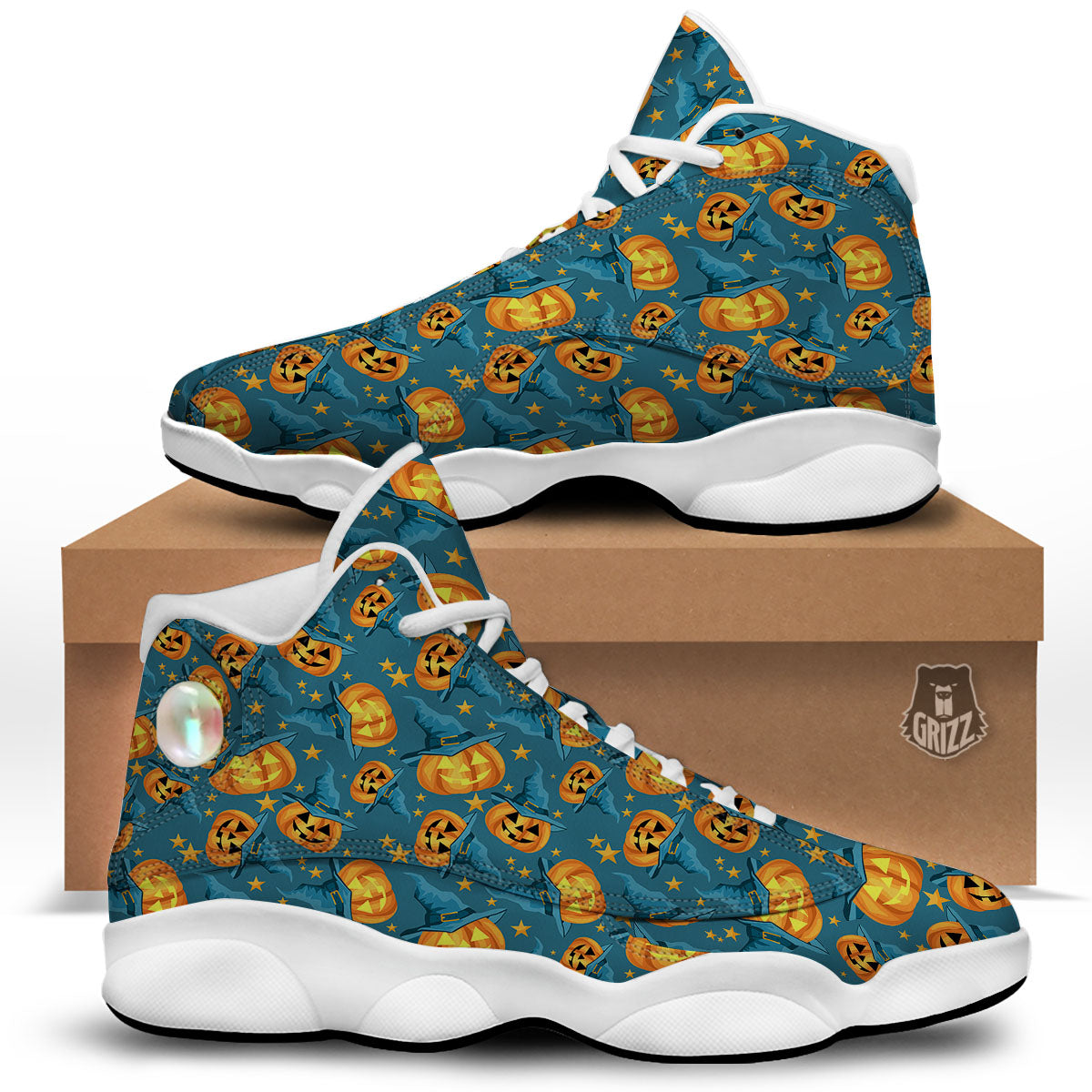 Witch Hat Pumpkin Print Pattern White Basketball Shoes-grizzshop